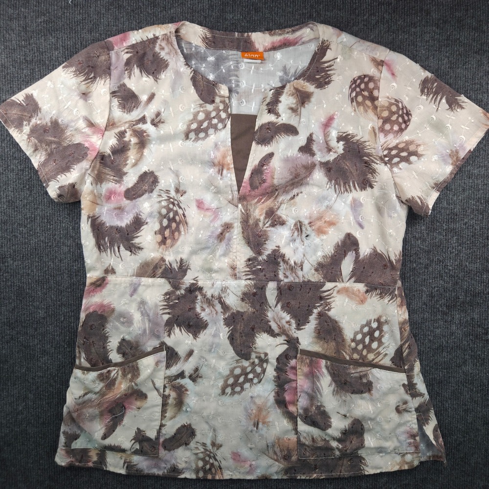 Elan by Barco Scrub Top Womens Size M Brown Feather Eyelet Embroidered V-Neck